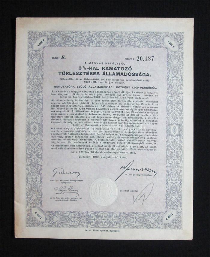 Államadóssági Kötvény Járadékkölcsön 1000 pengõ 1942